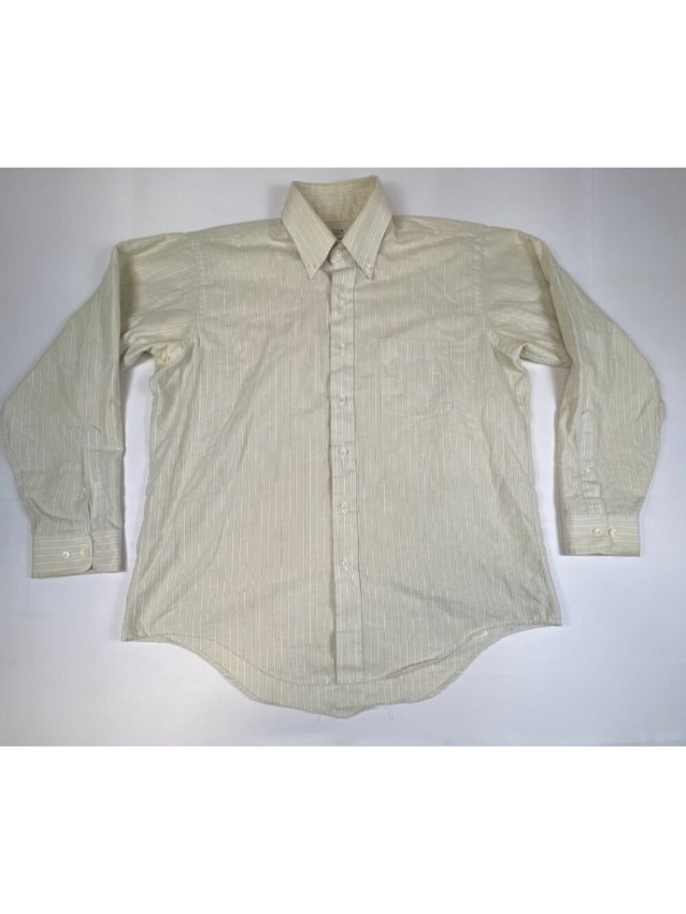 Arrow Dover Men 17 34/35 Vintage 90s Dress Shirt Striped Beige Oxford Made in US